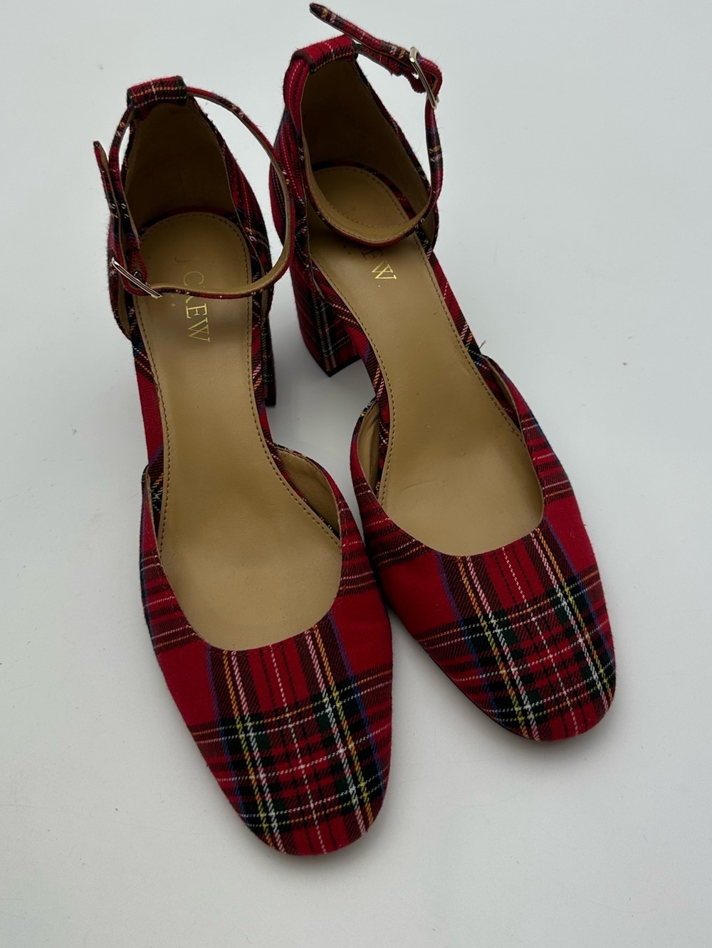 J.Crew Red Stewart Tartan Plaid Ankle Strap Block Heel Pumps size 8